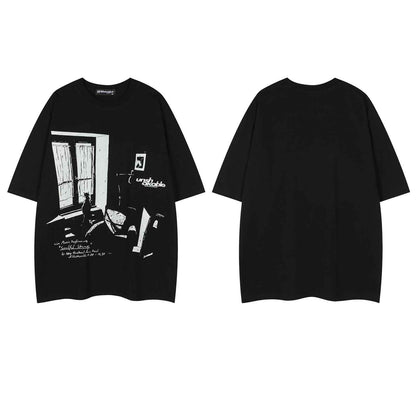 Retro Lonely Cat Print Round Neck Short Sleeve T-Shirt For Men And Women | MuddyStock Originals MuddyStock