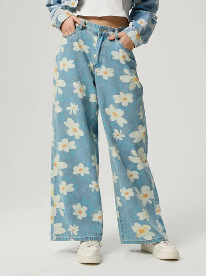 Pocketed Floral Wide Leg Jeans For Women | MuddyStock Originals Light