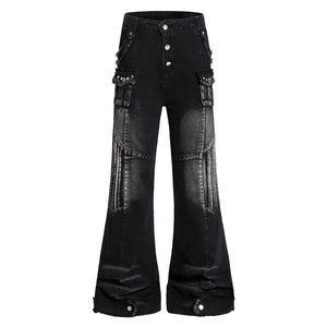 Cat whisker frayed distressed washed denim bell bottoms jeans for women | MuddyStock Originals Black