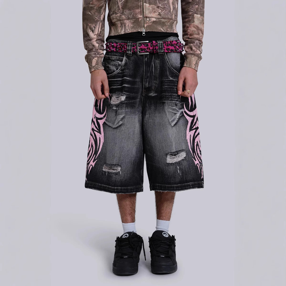 High Street Denim Shorts Jaded Same Style Totem Print Ripped Wide Leg Pants Loose Three-Quarter Pants Trendy