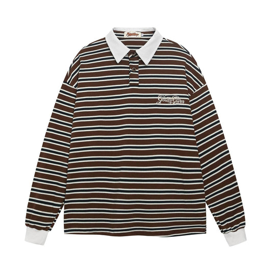 Retro Striped Letter Embroidered Polo Collar Long Sleeve T-Shirt For Men | MuddyStock Originals eprolo