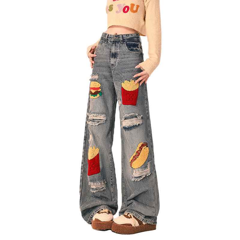 Ripped Loose Straight Wide Leg Oversized Jeans For Women Blue MuddyStock