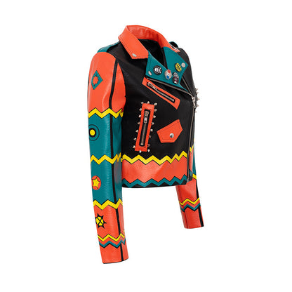 Graffiti Print Motorcycle Leather Jacket For Women