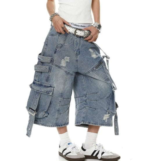 Frayed-hem Distressed Denim Capri Pants For Women
