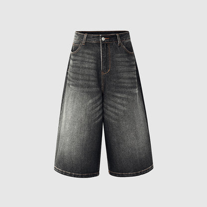 Women's Washed Seven-Quarter Denim Pants Loose Straight Wide-Leg Mid-Length Trousers