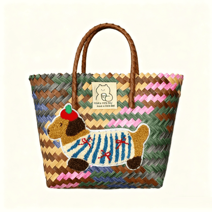Large capacity sausage dog hand woven cabbage basket bag Handheld - Six-Color Rainbow Dog