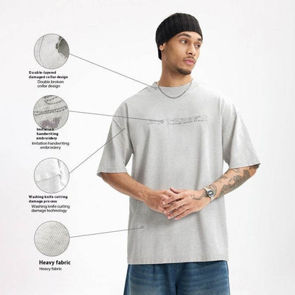 Worn Washed Embroidered T-shirt For Men MuddyStock