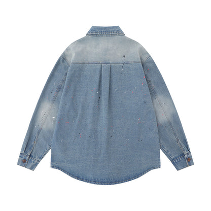 Denim Long Sleeve Splash-ink Shirt For Women