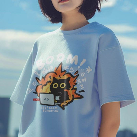 Black Cat Cotton Short-sleeved T-shirt Casual Loose Summer Breathable For Both Men And Women MuddyStock