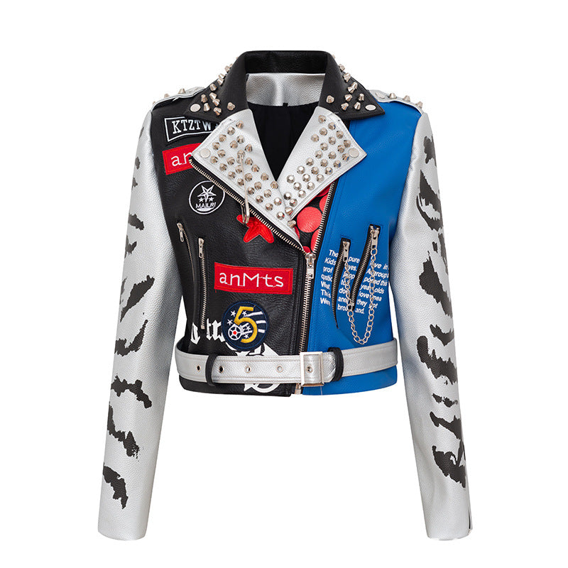 Graffiti Print Slim Motorcycle Leather Jacket For Women Silver