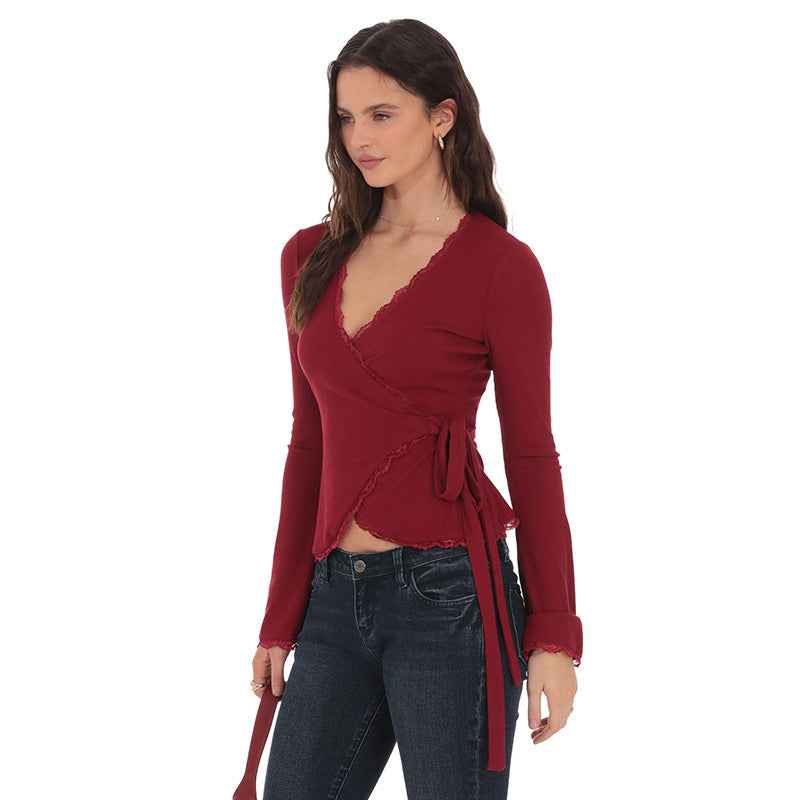 New Deep V-neck Cross-front Tie Lace Trim Top For Women MuddyStock