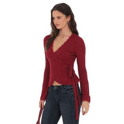 New Deep V-neck Cross-front Tie Lace Trim Top For Women MuddyStock