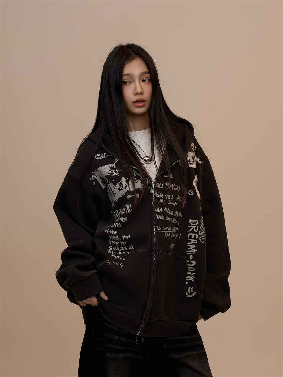 Women's Letter Printed Black Hoodie MuddyStock