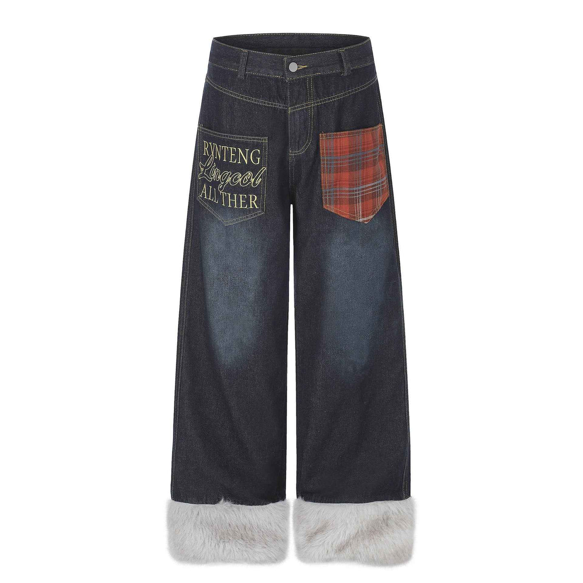 Plaid Patchwork Pocket Fleece-Lined Washed Denim Jeans For Women | MuddyStock Originals Black
