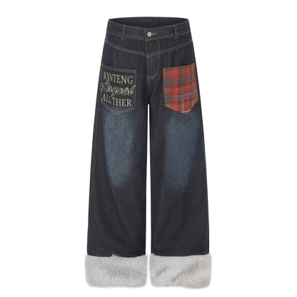 Plaid Patchwork Pocket Fleece-Lined Washed Denim Jeans For Women | MuddyStock Originals Black