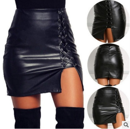 Black Lace Up PU Leather Skirt For Women All Products