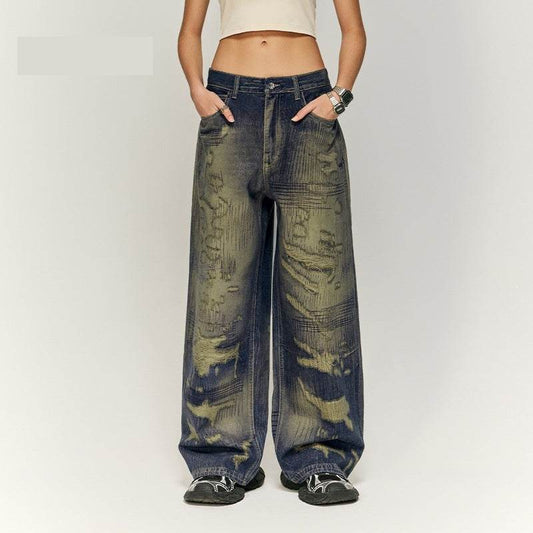Autumn And Winter New American Street Fashion Printed Denim Wide Leg Pants For Men MuddyStock