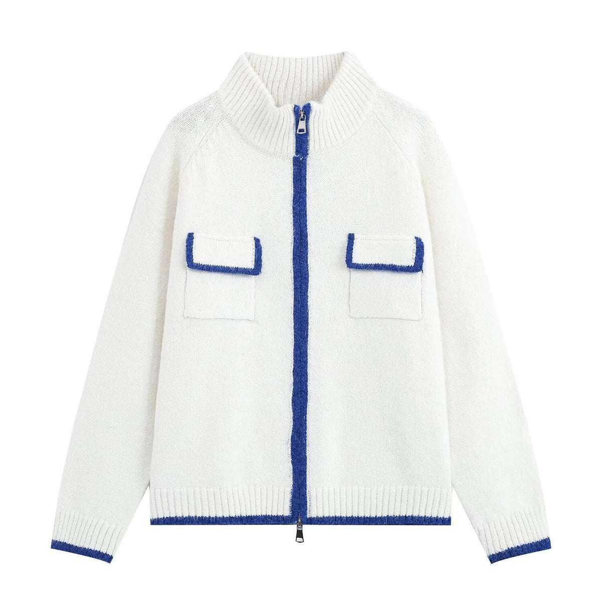 Relaxed Knit Zipper Stand Collar Cropped Color Block Cardigan Jacket White