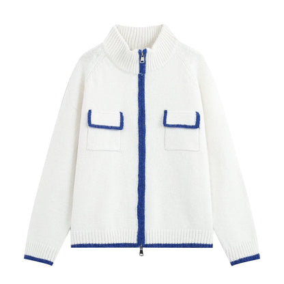 Relaxed Knit Zipper Stand Collar Cropped Color Block Cardigan Jacket White