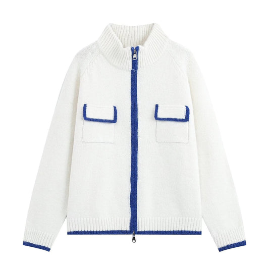 Relaxed Knit Zipper Stand Collar Cropped Color Block Cardigan Jacket White