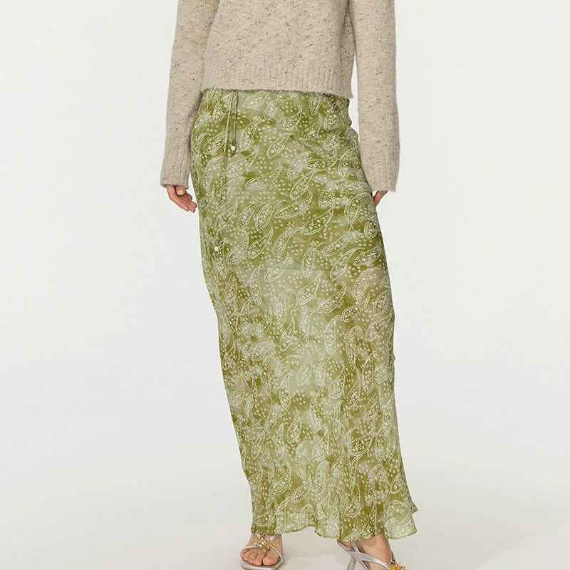 Floating Green Ink Washed Paisley Long Dress Women's Outfit | MuddyStock Originals Green Skirt