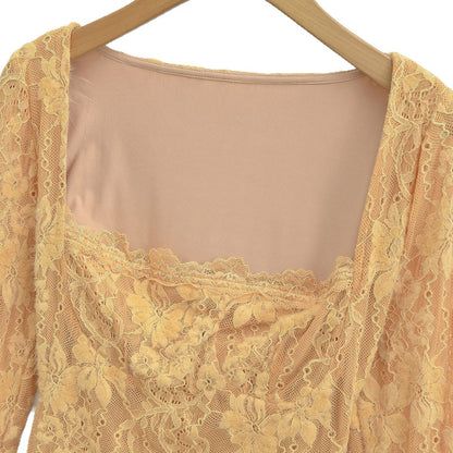 Double-Layer Embossed Long Sleeve Square Neck T-Shirt for Women