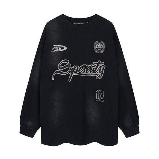 Washed patchwork embroidered sportswear round neck sweatshirt For Women | MuddyStock Originals Black MuddyStock