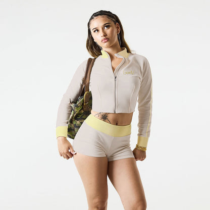 Fashionable Stand Collar Letter Embroidery Zipper Tracksuit Shorts Set for Women Yellow eprolo