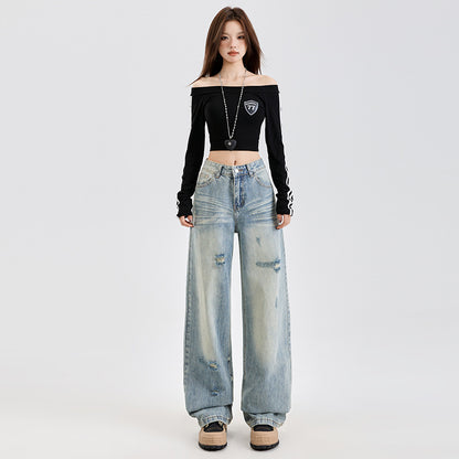 Washed Distressed Floor-Length Wide Straight Leg Pants for Women | MuddyStock Originals MuddyStock