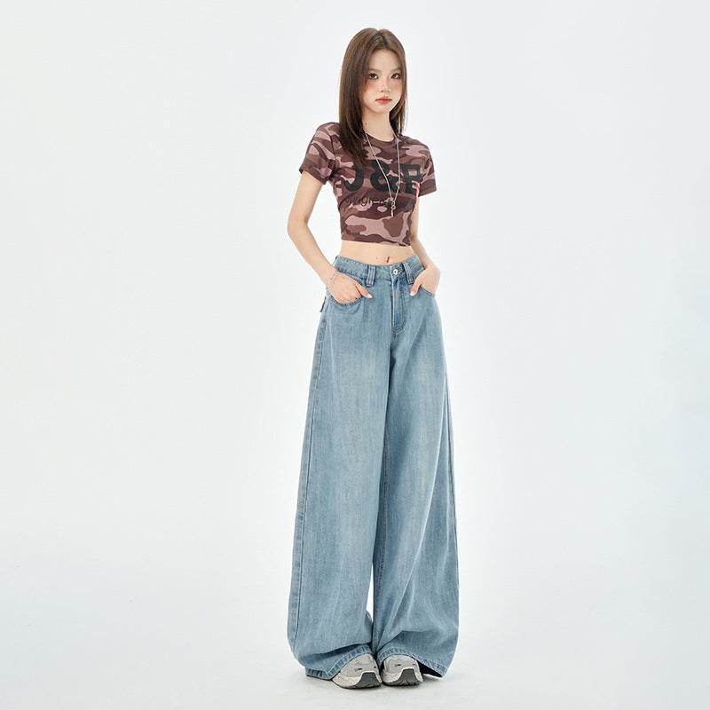 Women's Wide-Leg Soft Denim Pants Loose Drape Floor-Length Pants Blue # Extended Length eprolo