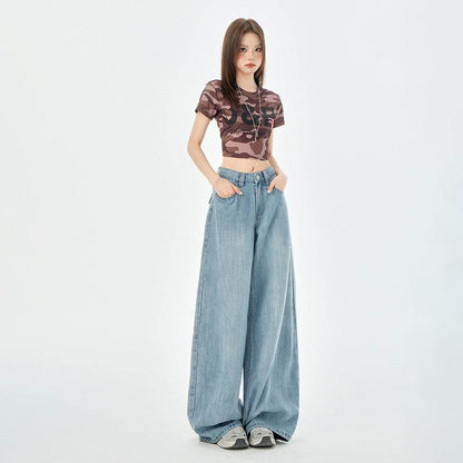 Women's Wide-Leg Soft Denim Pants Loose Drape Floor-Length Pants Blue # Extended Length eprolo