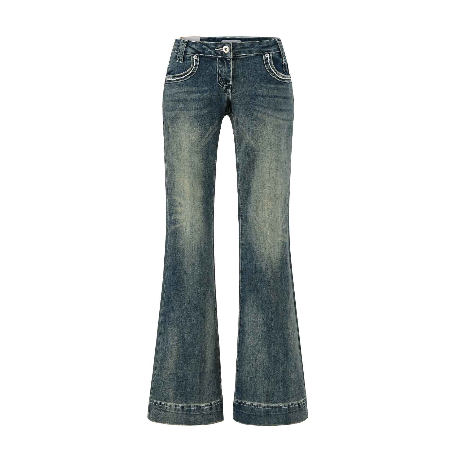 Low-Waist Washed Blue Flared Jeans for Women, Comfortable and Versatile Denim Pants Blue