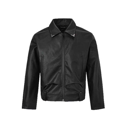 Retro Cracked Texture Black Lapel Leather Jacket For Men Black MuddyStock