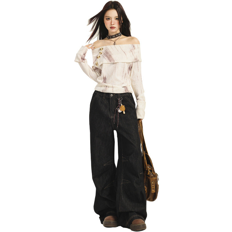 Casual Loose Wide-Leg Jeans For Women | MuddyStock Originals Black # Extended Length MuddyStock