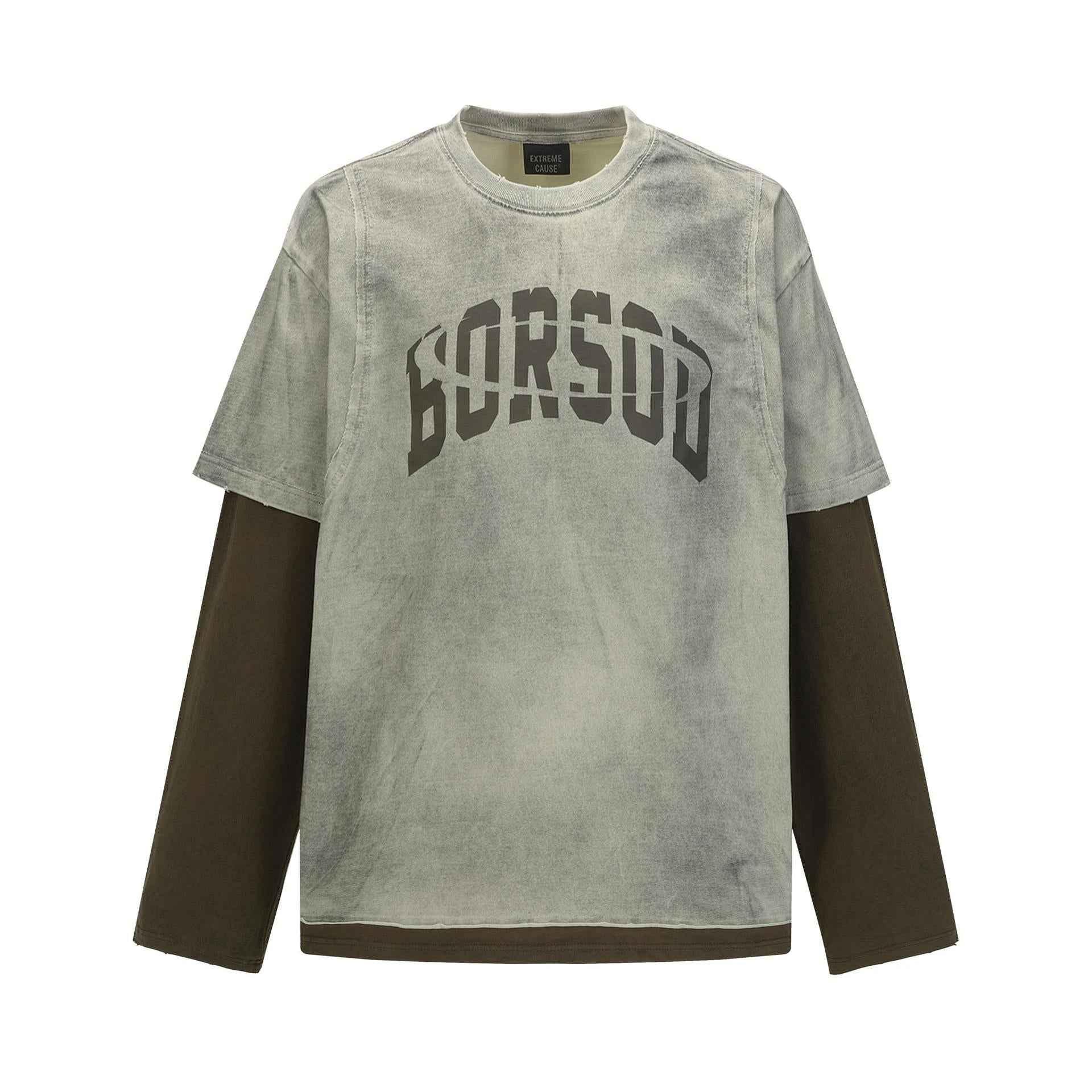 Alphabet color blocked fake two piece retro versatile base t-shirt | MuddyStock Originals Gray MuddyStock