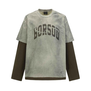 Alphabet color blocked fake two piece retro versatile base t-shirt | MuddyStock Originals Gray
