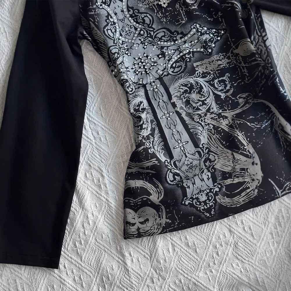 Black printed T retro V long sleeved waist slimming top for women | MuddyStock Originals eprolo