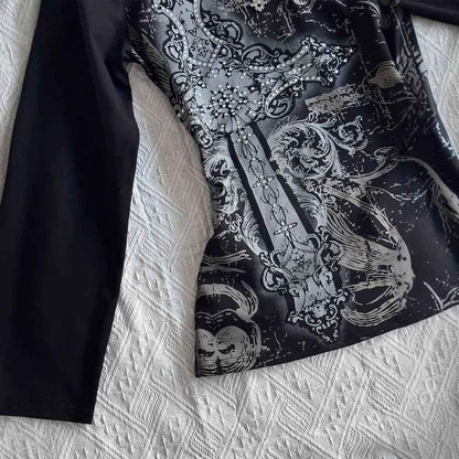 Black printed T retro V long sleeved waist slimming top for women | MuddyStock Originals eprolo