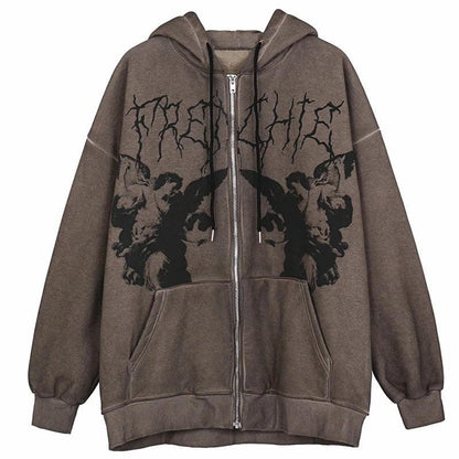 Goth Angel Dark Print Zipper Hoodie for Women | MuddyStock Originals