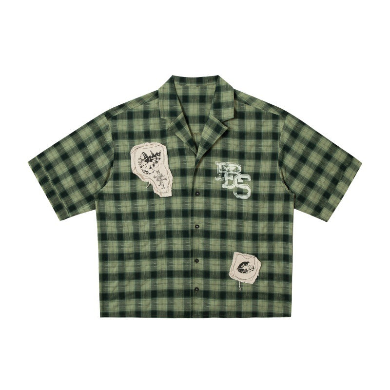 Graffiti sticker checkered men's and women's loose silhouette shirt Shadow Green