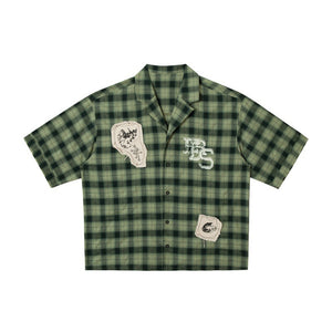 Graffiti sticker checkered men's and women's loose silhouette shirt Shadow Green