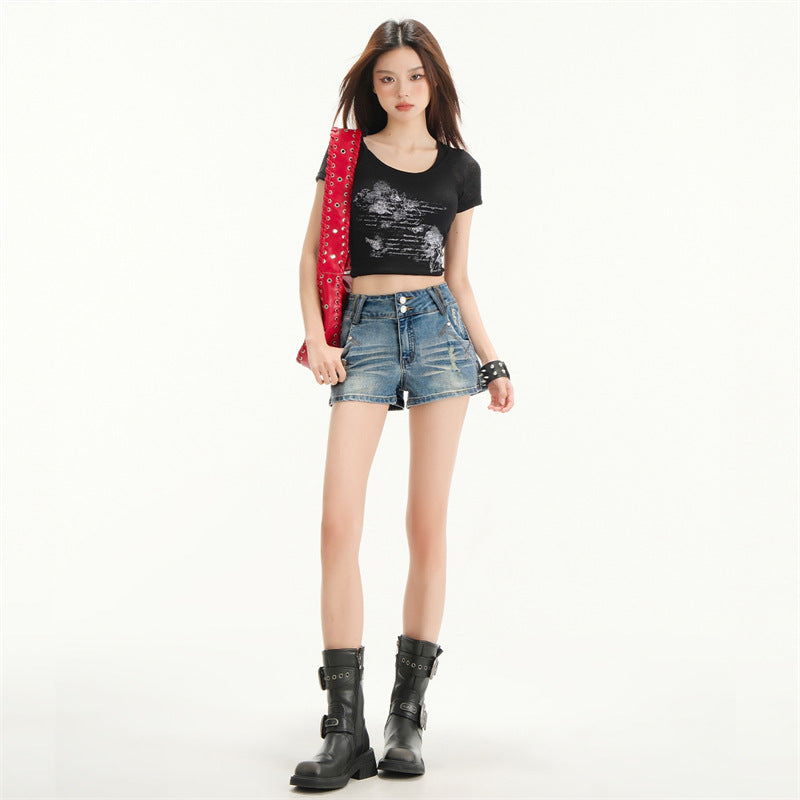 High-Waisted Distressed Denim Shorts for Women Arrival Elastic Outerwear Slimming A-Line Mini Skirt Hot Pants