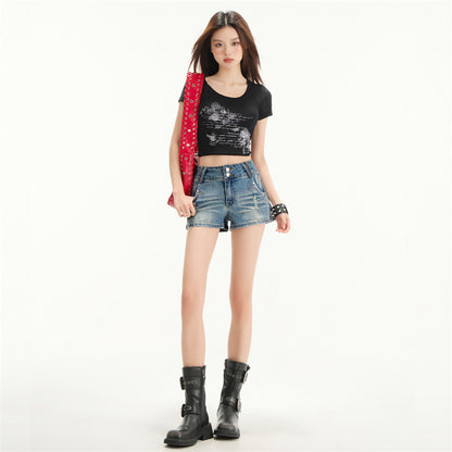 High-Waisted Distressed Denim Shorts for Women Arrival Elastic Outerwear Slimming A-Line Mini Skirt Hot Pants
