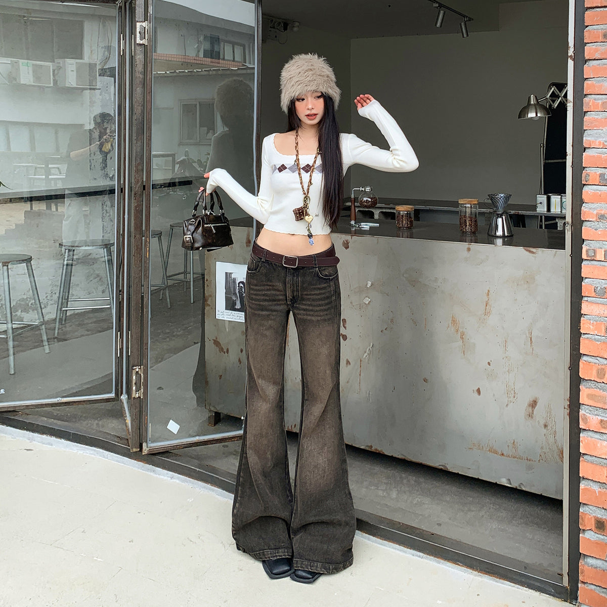 Black and gray spicy girl flared jeans for women Black and gray long pants