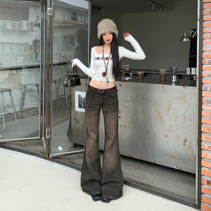 Black and gray spicy girl flared jeans for women Black and gray long pants