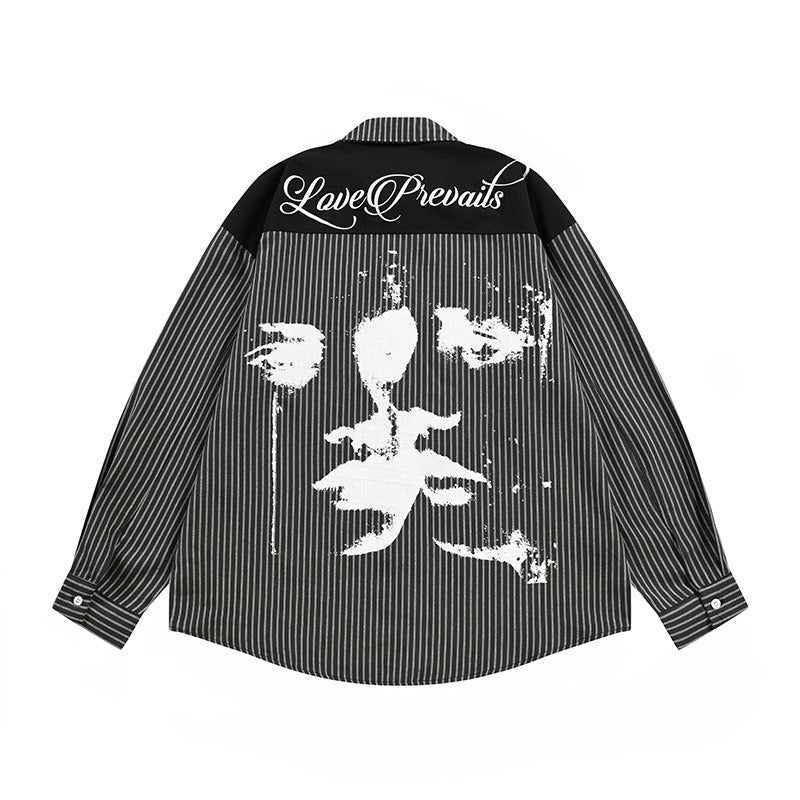 Men's Dark Hip-Hop Loose Face Print Vertical Stripes Long Sleeve Collared Shirt