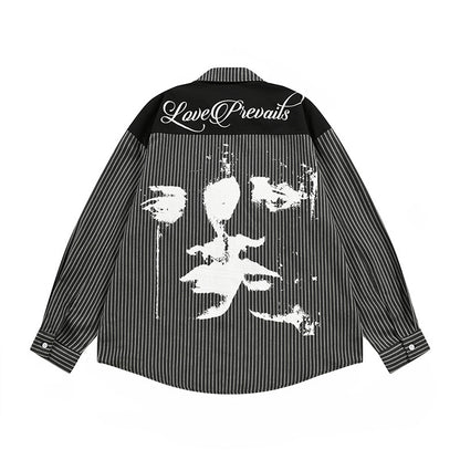 Men's Dark Hip-Hop Loose Face Print Vertical Stripes Long Sleeve Collared Shirt