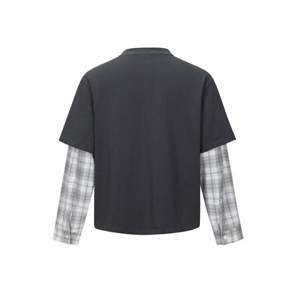 Character Print Faux Two-Piece Plaid Spliced Long Sleeve T-Shirt for Men | MuddyStock Originals