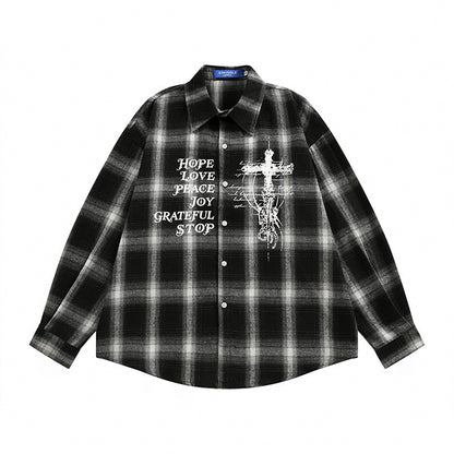 Oversized Plaid Long Sleeve Collared Shirt with Cross and Letter Print Black