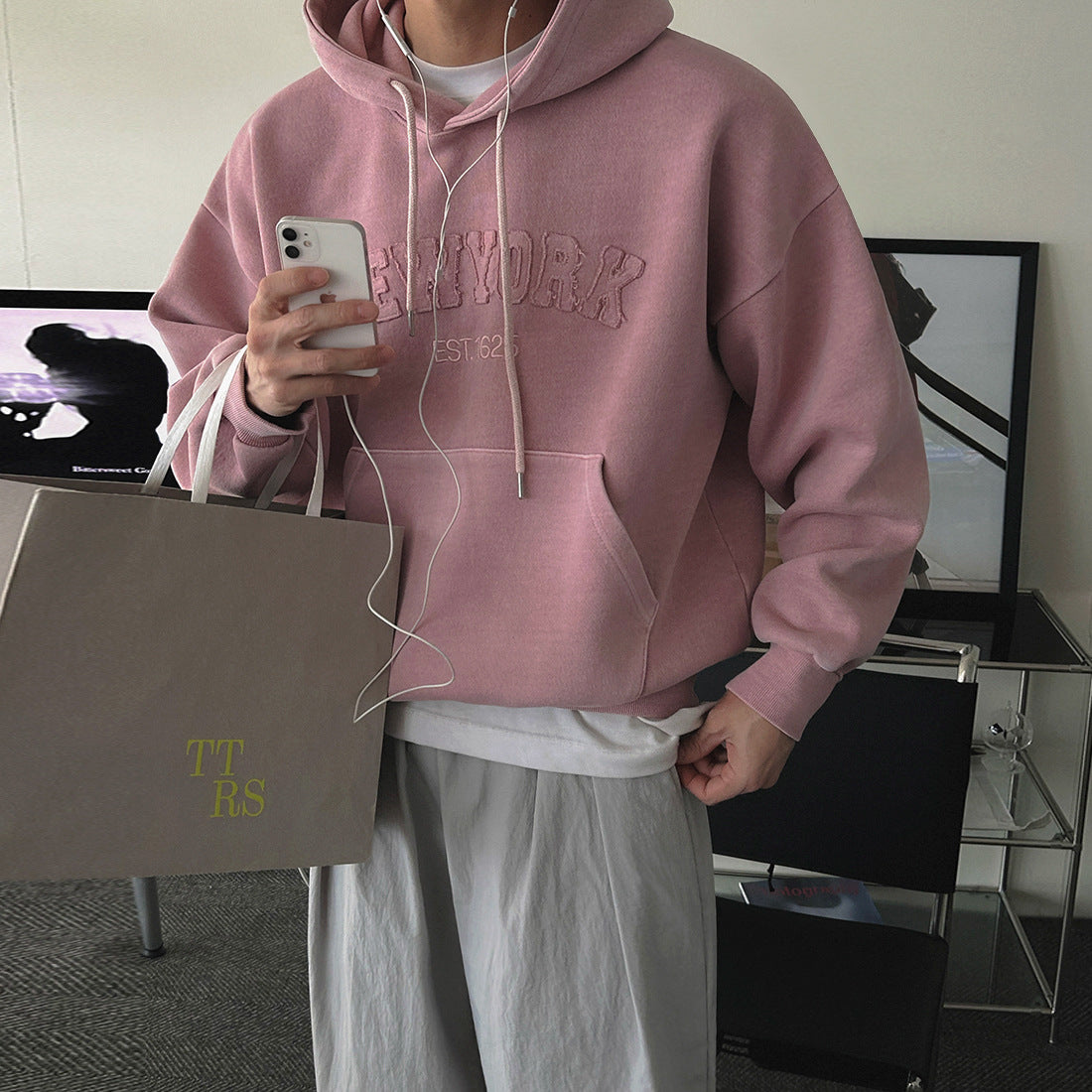 Casual Letter Hoodie for Men, Loose FitStreetwear, Autumn Fashion Sweatshirt Pink eprolo